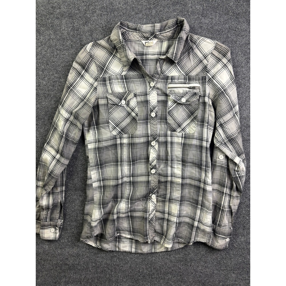 Fox Plaid Button Down Women Size L Grey Long Sleeve Roll Tab Zipper Pocket